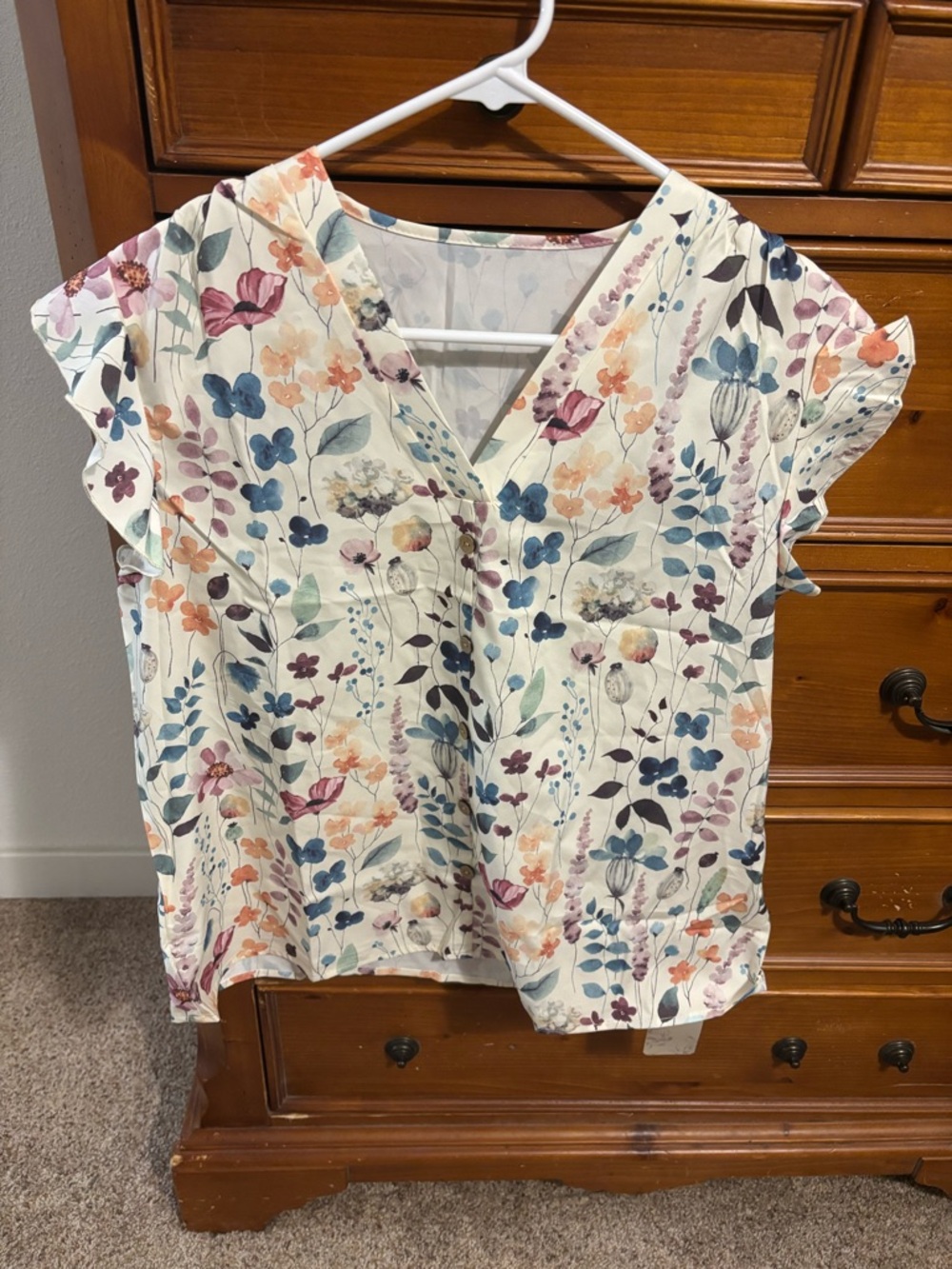 V-Neck Floral Flutter Sleeve Blouse - Cream Multi